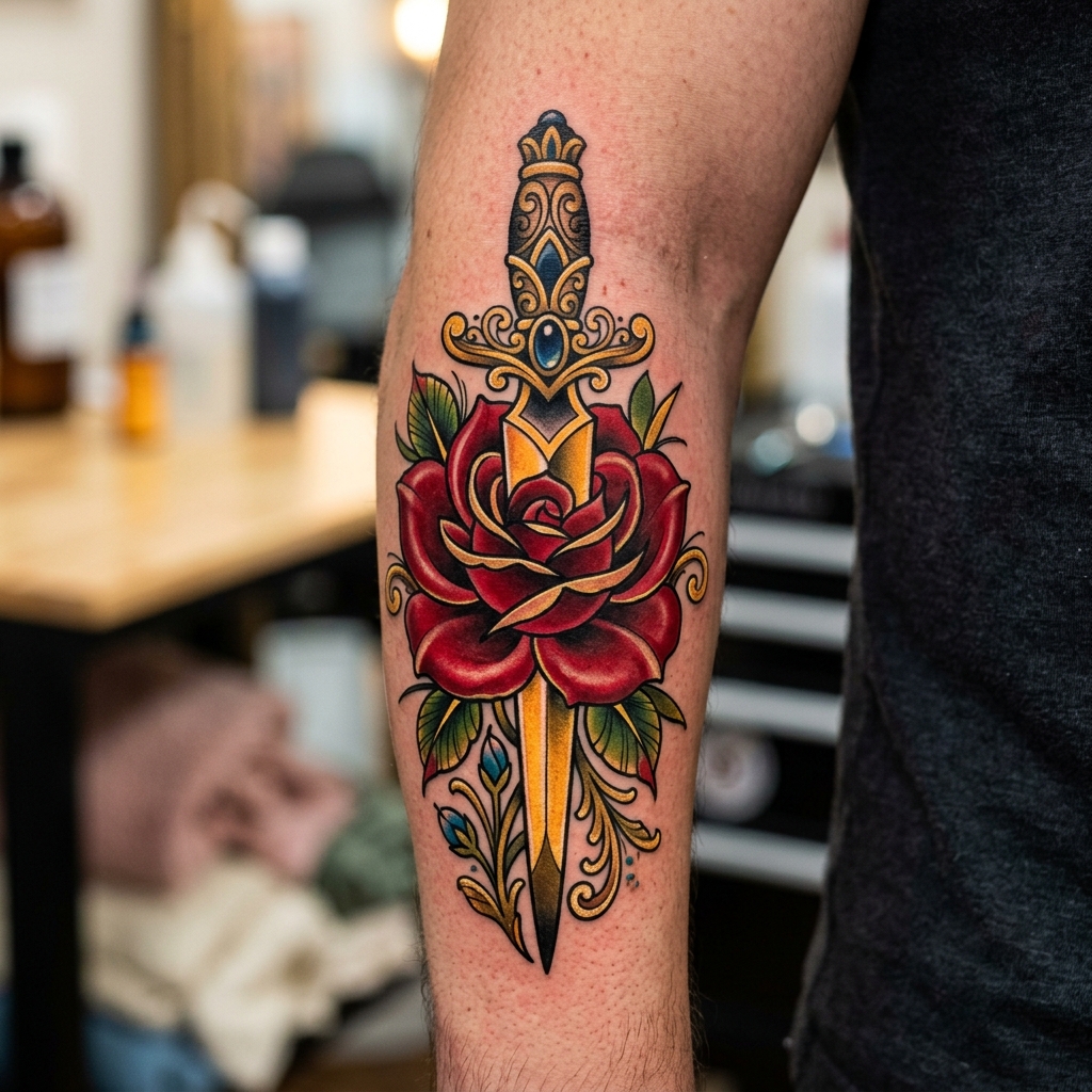 Neo Traditional Dagger Tattoo